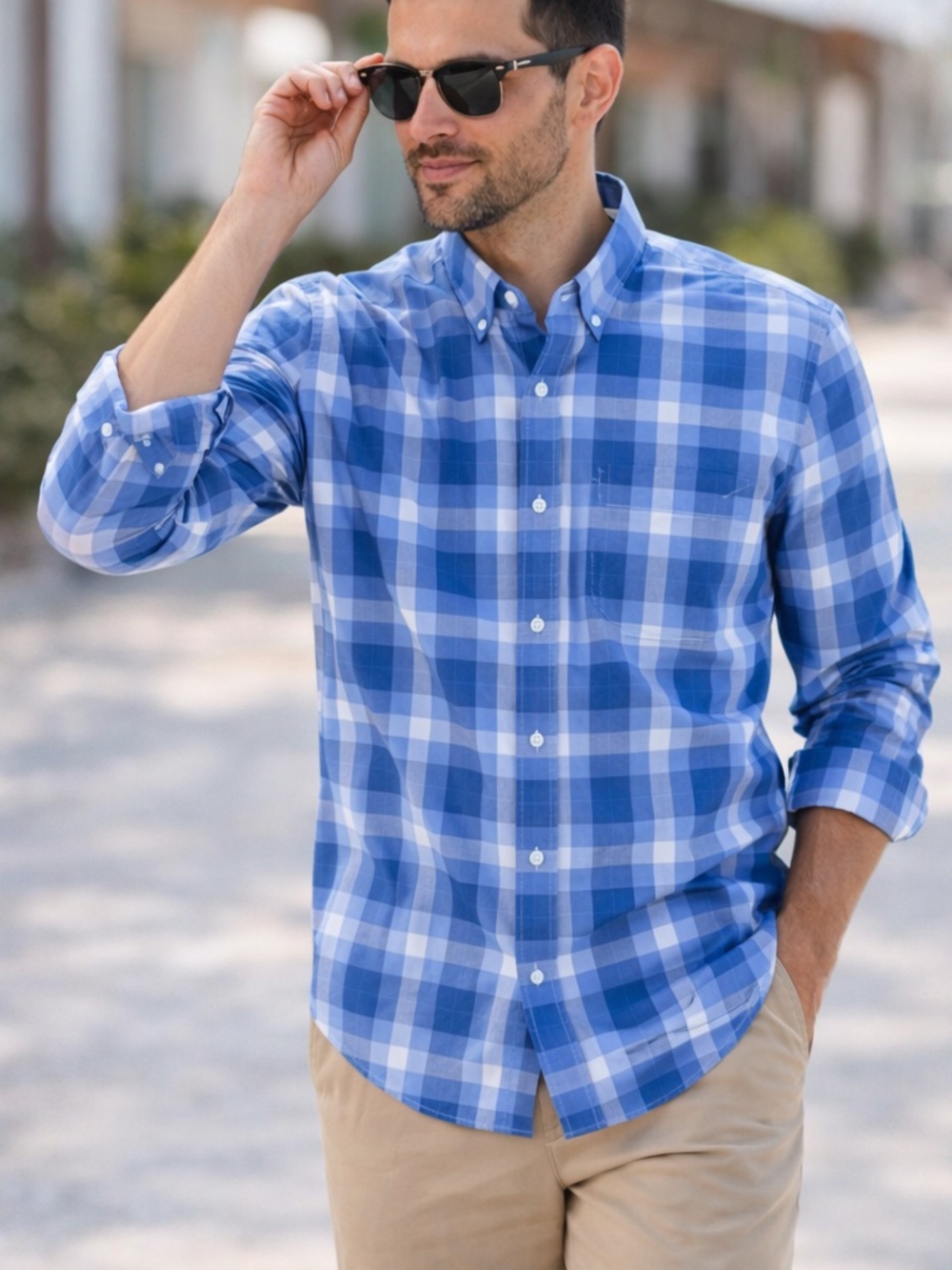 Tommy Hilfiger Plaid Button Down Shirt Blue Cotton‎ Non Iron